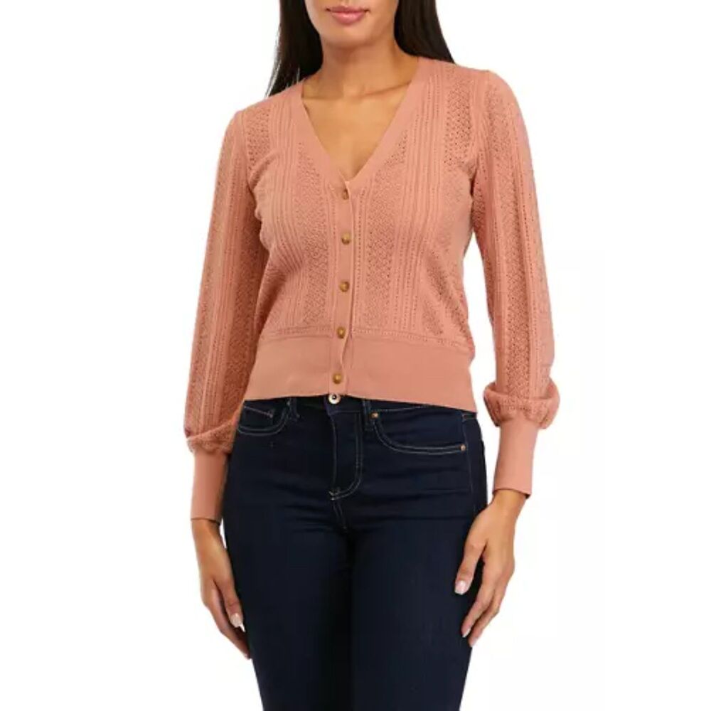 Truth by Republic Pointelle V-Neck Button Front Cardigan Large